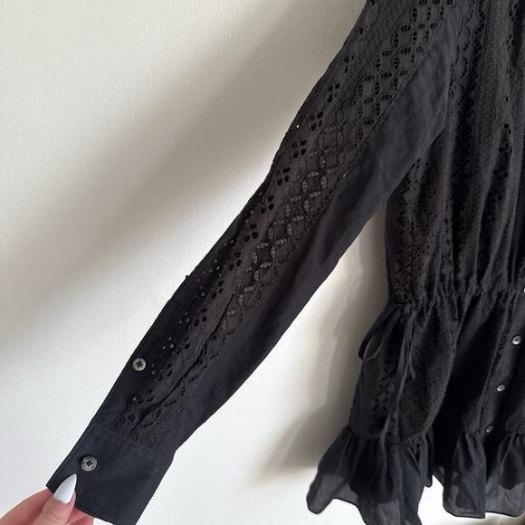 THAKOON Black Eyelet Lace Ruffle Hem Button Down Silk Cotton Mini Shirt Dress 0 - Picture 6 of 15